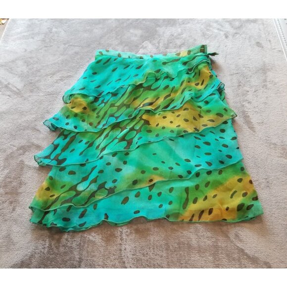 Philosophy Women's Size 2 Green Printed Tiered Ruffle Silk Skirt Side Zip Italy - Picture 1 of 10